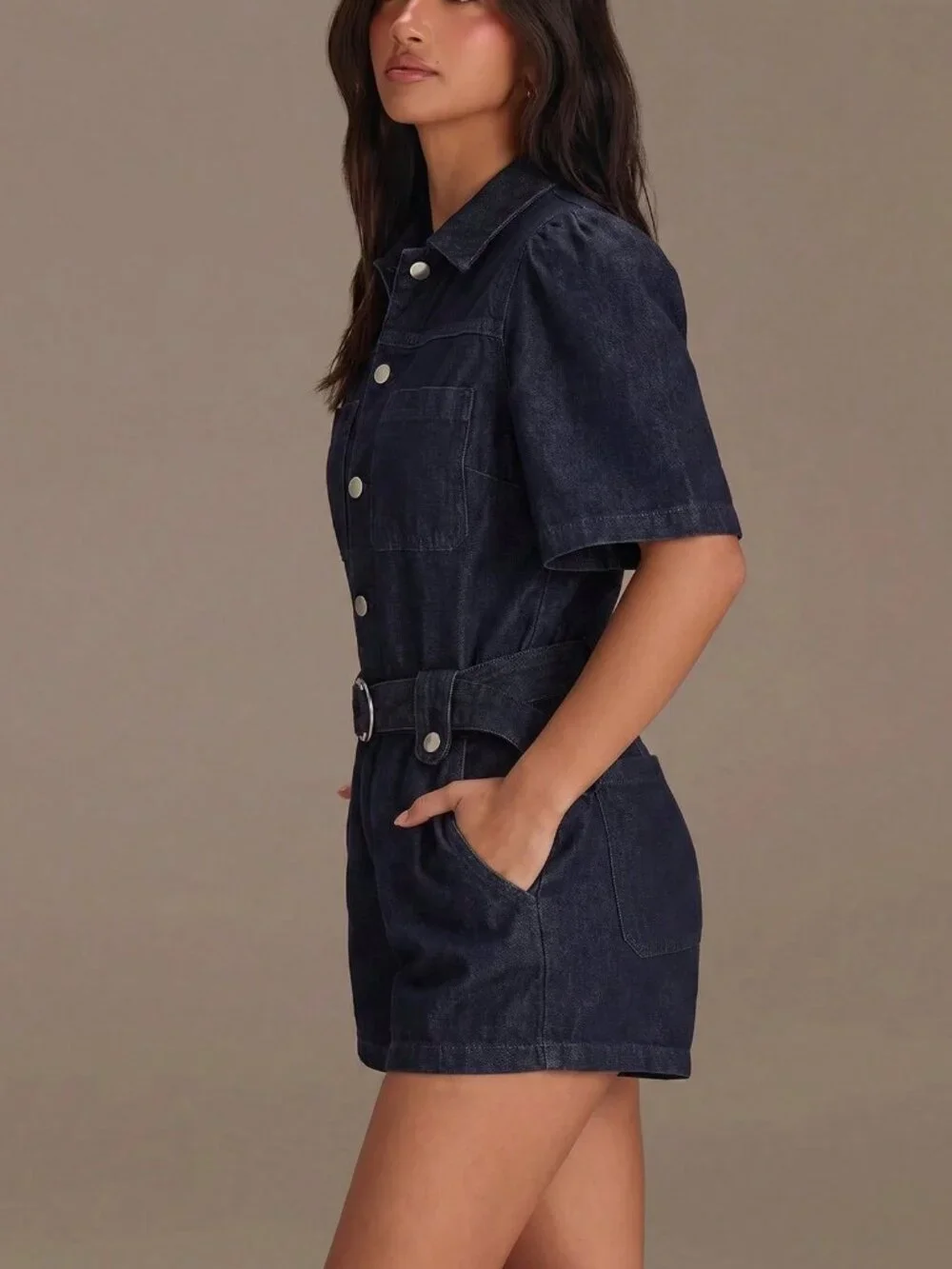 Navy Blue Casual Women's Denim Short Sleeve Jumpsuit romper